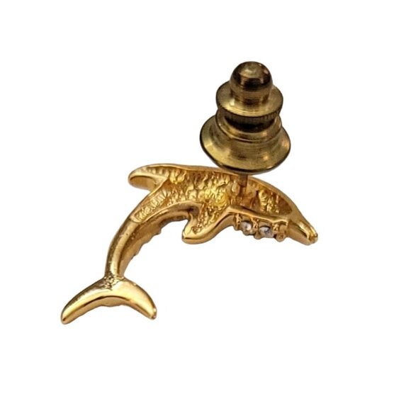 Krementz Gold Tone Green Enamel Clear Rhinestone Dolphin Lapel Scatter Pin, K134 - Picture 3 of 7